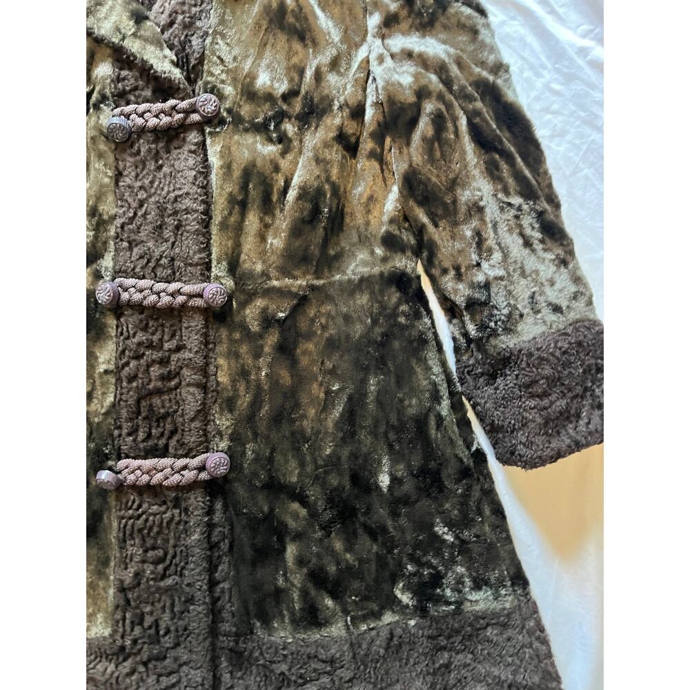 Vtg 60s Mod Penny Lane Faux Fur Coat Olive Green Persian Lamb Trim ILGWU Medium - Picture 3 of 11